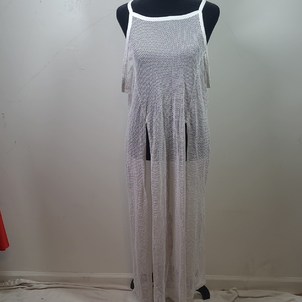 White Mesh Maxi Swim Coverup with Fringe Slits